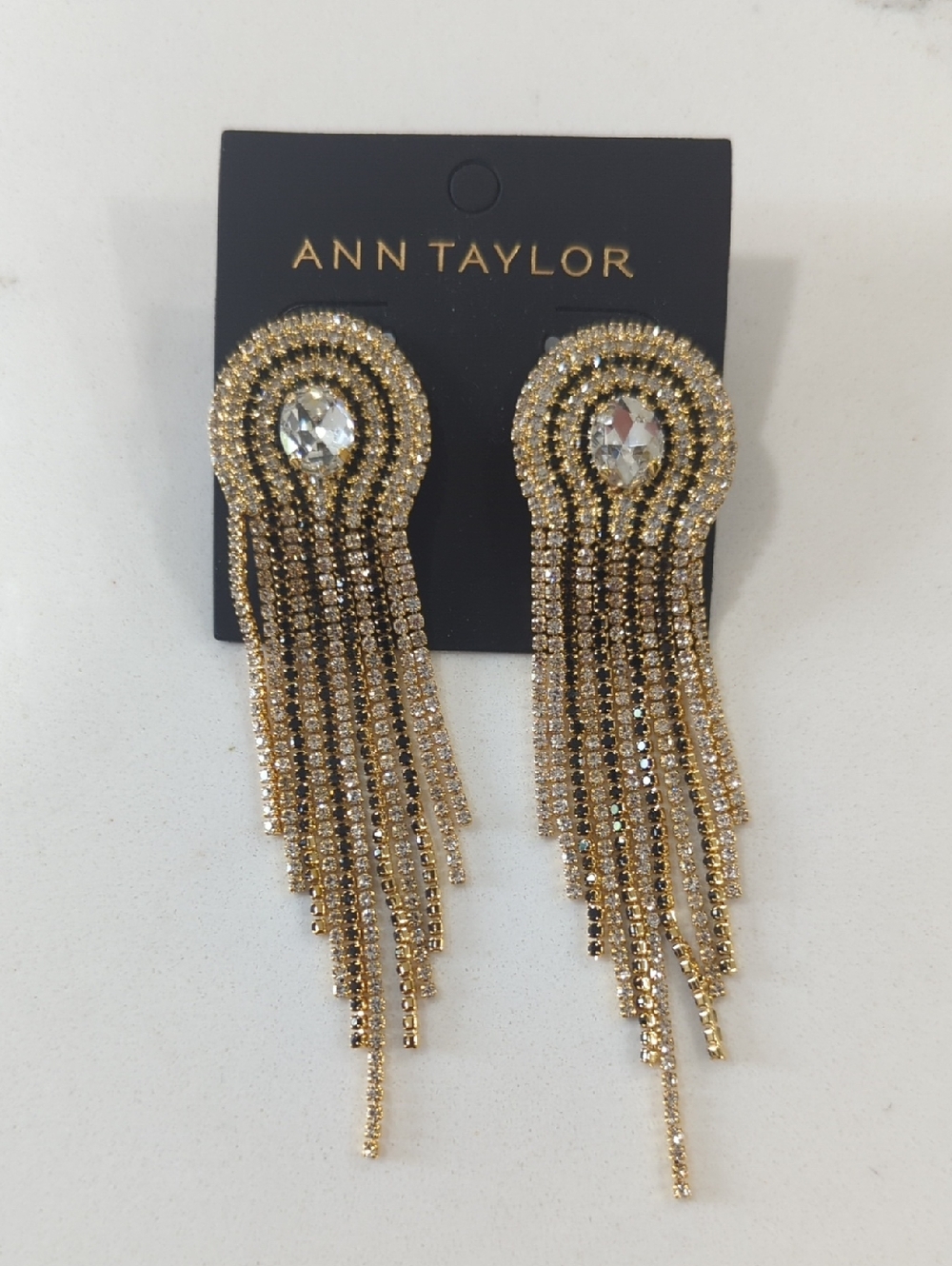 Ann Taylor Gold with Black and Clear Crystal Fringe Drop Earrings